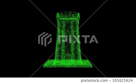 3D medieval tower on black bg. Object dissolved green flickering particles. Business backdrop. Science concept. Abstract bg title, presentation. Holographic screensaver. 3D animation 3D medieval tower on black bg. Object dissolved green flickering particles. Business backdrop. Science concept. Abstract bg title, presentation. Holographic screensaver. 3D animation 105825624