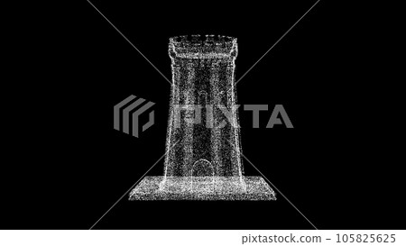 3D medieval tower on black bg. Object dissolved white flickering particles. Business backdrop. Science concept. Abstract bg title, presentation. Holographic screensaver. 3D animation 3D medieval tower on black bg. Object dissolved white flickering particles. Business backdrop. Science concept. Abstract bg title, presentation. Holographic screensaver. 3D animation 105825625