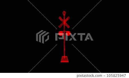 3D road crossing sign on black background. Object dissolved red flickering particles. Science concept. Abstract bg for title, presentation. Holographic screensaver. 3D animation 3D road crossing sign on black background. Object dissolved red flickering particles. Science concept. Abstract bg for title, presentation. Holographic screensaver. 3D animation 105825947