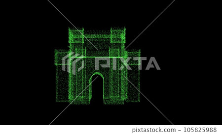 3D fairytale castle on black background. Object consisting of green flickering particles. Science concept. Abstract bg for title, presentation. Screensaver. 3D animation 3D fairytale castle on black background. Object consisting of green flickering particles. Science concept. Abstract bg for title, presentation. Screensaver. 3D animation 105825988
