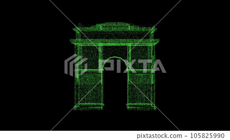 3D Arc de Triomphe on black background. Object consisting of green flickering particles. Science concept. Abstract bg for title, presentation. Screensaver. 3D animation. 105825990