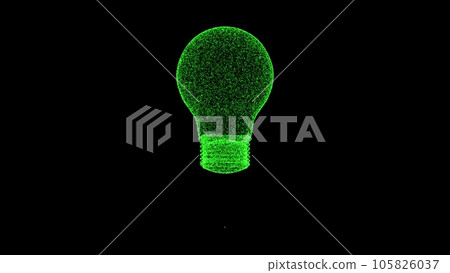 3D green light bulb on black background. Object consisting of flickering particles. Science tutorial concept. Abstract backdrop for logo, title, presentation. 3D animation. 105826037