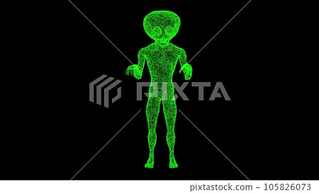 3D alien on black bg. Scary alien stands and looks. UFO futuristic concept. Mysterious Alien Humanoid, extraterrestrial life concept. For title, text, presentation. 3d animation. 3D alien on black bg. Scary alien stands and looks. UFO futuristic concept. Mysterious Alien Humanoid, extraterrestrial life concept. For title, text, presentation. 3d animation. 105826073