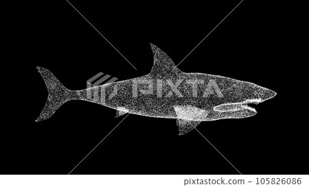 3D Shark on black background. Object made of shimmering particles. Wild animals concept. Protection of the environment. For title, text, presentation. 3d animation. 3D Shark on black background. Object made of shimmering particles. Wild animals concept. Protection of the environment. For title, text, presentation. 3d animation. 105826086