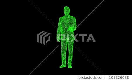 3D figure of a businessman with an outstretched hand on black background. The man shakes hands. Business concept. For title, text, presentation. 3d animation. 3D figure of a businessman with an outstretched hand on black background. The man shakes hands. Business concept. For title, text, presentation. 3d animation. 105826088