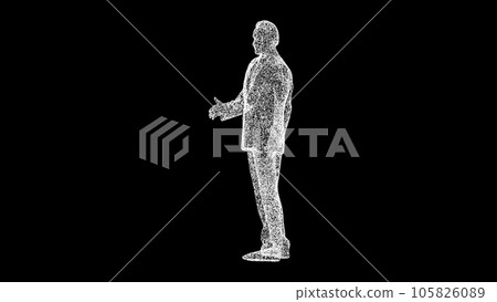 3D figure of a businessman with an outstretched hand on black background. The man shakes hands. Business concept. For title, text, presentation. 3d animation. 3D figure of a businessman with an outstretched hand on black background. The man shakes hands. Business concept. For title, text, presentation. 3d animation. 105826089