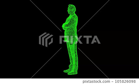 3D figure of a businessman with crossed arms on black background. The man shakes hands. A business man reflects. Business concept. For title, text, presentation. 3d animation. 3D figure of a businessman with crossed arms on black background. The man shakes hands. A business man reflects. Business concept. For title, text, presentation. 3d animation. 105826098