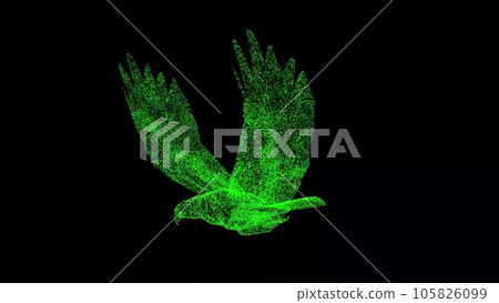 3D falcon on black background. Object made of shimmering particles. Wild animals concept. Protection of the environment. For title, text, presentation. 3d animation. 3D falcon on black background. Object made of shimmering particles. Wild animals concept. Protection of the environment. For title, text, presentation. 3d animation. 105826099