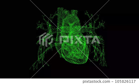 3D human heart on black bg. Cardiovascular system human body. Object dissolved flickering particles. Scientific medical concept. For title, text, presentation. 3d animation. 3D human heart on black bg. Cardiovascular system human body. Object dissolved flickering particles. Scientific medical concept. For title, text, presentation. 3d animation. 105826117