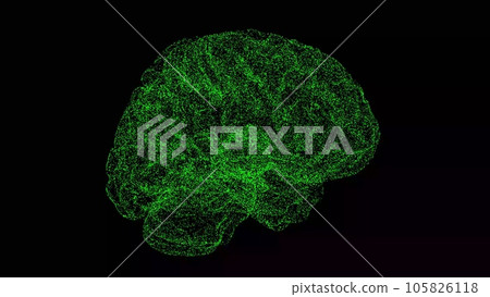 3D brain on black bg. Object dissolved flickering particles. Scientific medical concept. For title, text, presentation. 3d animation. 3D brain on black bg. Object dissolved flickering particles. Scientific medical concept. For title, text, presentation. 3d animation. 105826118