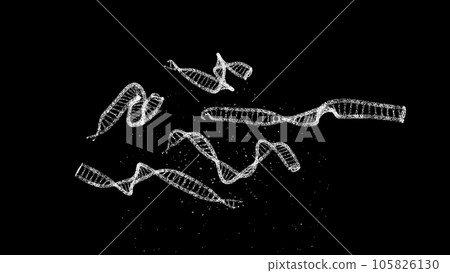 3D DNA on black bg. Object dissolved flickering particles. Scientific medical concept. For title, text, presentation. 3d animation. 105826130
