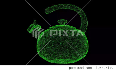 3D kettle on black background. Object made of shimmering particles. Kitchenware concept. For title, text, presentation. 3d animation. 105826149