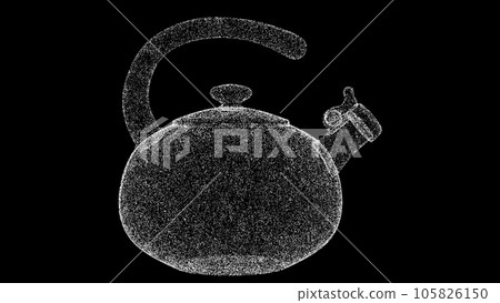 3D kettle on black background. Object made of shimmering particles. Kitchenware concept. For title, text, presentation. 3d animation. 3D kettle on black background. Object made of shimmering particles. Kitchenware concept. For title, text, presentation. 3d animation. 105826150