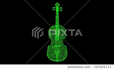 3D violin on black background. Object made of shimmering particles. Music instrument concept. For title, text, presentation. 3d animation. 105826151