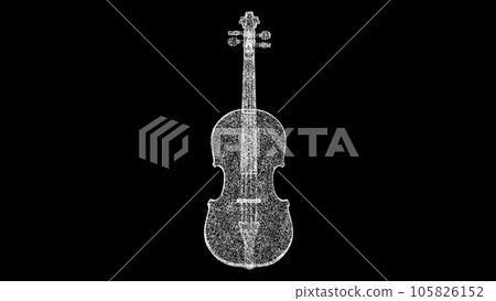 3D violin on black background. Object made of shimmering particles. Music instrument concept. For title, text, presentation. 3d animation. 3D violin on black background. Object made of shimmering particles. Music instrument concept. For title, text, presentation. 3d animation. 105826152