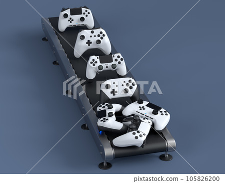 Set of gamer joysticks or gamepads on factory line on black background Set of gamer joysticks or gamepads on factory line on black background 105826200