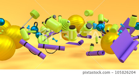 Flying and folling sport equipment like kettlebell, fitness ball and yoga mat Flying and folling sport equipment like kettlebell, fitness ball and yoga mat 105826204