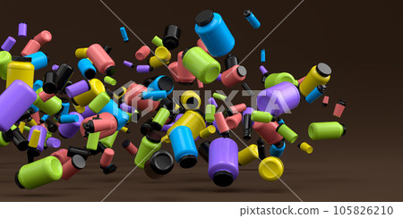 Flying and folling sport equipment like sport shaker and water bottles on red 105826210