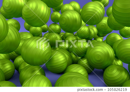 Many of flying green fitness ball or fitball falling on blue background Many of flying green fitness ball or fitball falling on blue background 105826219