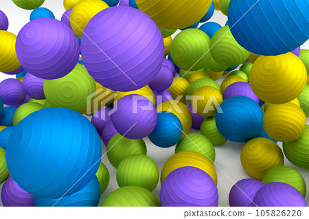 Many of flying multicolor fitness ball or fitball falling on white background Many of flying multicolor fitness ball or fitball falling on white background 105826220
