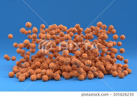 Many of flying orange basketball ball falling on blue background Many of flying orange basketball ball falling on blue background 105826230