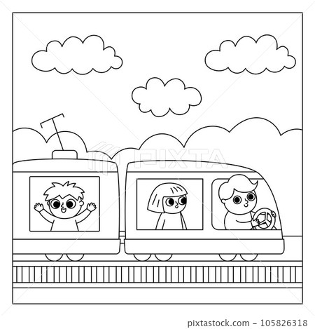 Vector black and white square scene with man driving train and passengers. City or country transportation line illustration or coloring page. Cute kid driving transport 105826318