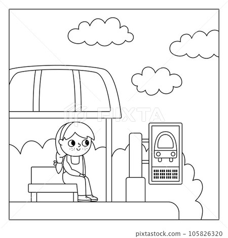 Vector black and white square scene with girl sitting on a bus stop. Transportation line illustration or coloring page. Cute kid waiting for public transport. Cartoon child on a station 105826320