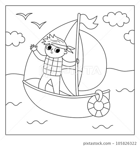 Vector black and white square scene with boy sailing yacht. Transportation line illustration or coloring page. Cute kid driving transport. Water vehicle landscape. Cartoon child on a boat 105826322