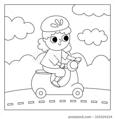 Vector black and white square scene with girl riding a scooter in helmet. Transportation line illustration or coloring page. Cute kid driving transport. Road landscape. Cartoon child on a bike 105826324