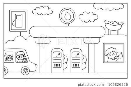 Vector black and white horizontal scene with boy driving a car with cat arriving to gas station with cafe. Transportation line illustration or coloring page. Cute kid steering transport. Road 105826326