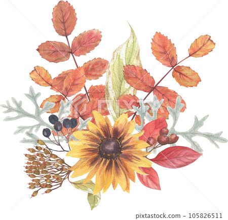Bright composition of plant elements. Autumn flowers berries and leaves watercolor in vintage style. 105826511