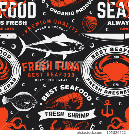 Set of seafood seamless pattern. Fresh tuna, octopus, trout, shrimp, dressed crab, mussels and clams. Vector. For background or wallpaper with tuna, trout, shrimp, octopus, crab, mussels and clams. 105826522