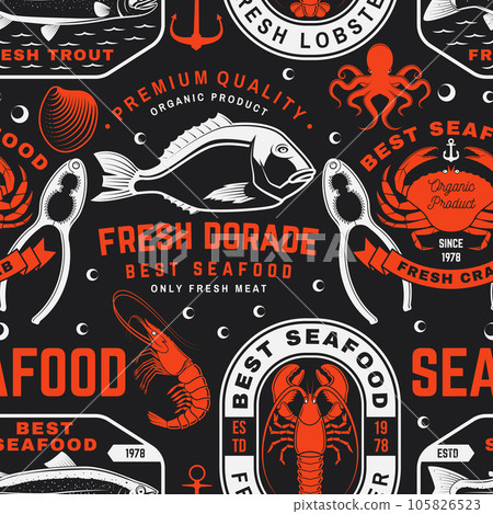 Set of seafood seamless pattern. Fresh tuna, octopus, trout, shrimp, dressed crab, mussels and clams. Vector. For background or wallpaper with tuna, trout, shrimp, octopus, crab, mussels and clams. 105826523