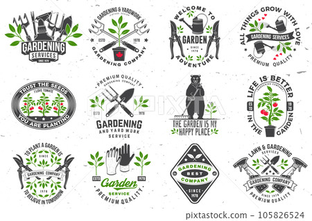 Set of gardening and yard work services emblem, label, badge, logo. Vector illustration. For sign, patch, shirt design with hand secateurs, garden pruner, watering can, bear with rake and gardening Set of gardening and yard work services emblem, label, badge, logo. Vector illustration. For sign, patch, shirt design with hand secateurs, garden pruner, watering can, bear with rake and gardening 105826524