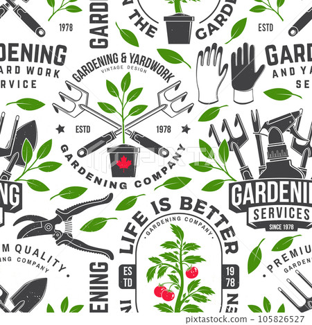 Gardening services seamless pattern or background. Vector illustration. Seamless pattern silhouette with gardening equipment hand secateurs, garden pruner, watering can, garden trowel, farming fork 105826527