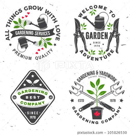 Set of gardening and yard work services emblem, label, badge, logo. Vector illustration. For sign, patch, shirt design with hand secateurs, garden pruner, watering can, gardening equipment silhouette. Set of gardening and yard work services emblem, label, badge, logo. Vector illustration. For sign, patch, shirt design with hand secateurs, garden pruner, watering can, gardening equipment silhouette. 105826530