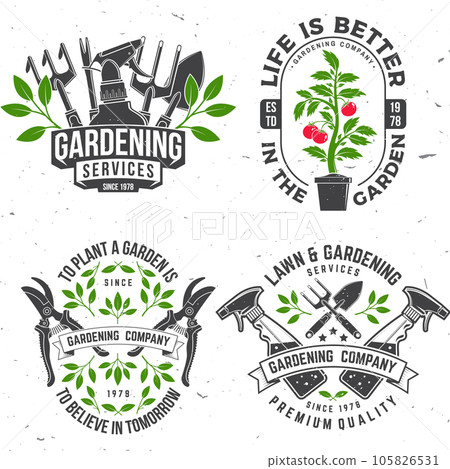 Set of gardening and yard work services emblem, label, badge, logo. Vector. For sign, patch, shirt design with hand garden trowel, farming fork, sprayer, tomato bush in pot, hand secateurs, pruner Set of gardening and yard work services emblem, label, badge, logo. Vector. For sign, patch, shirt design with hand garden trowel, farming fork, sprayer, tomato bush in pot, hand secateurs, pruner 105826531