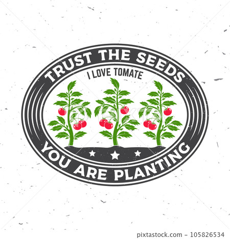 Trust the seeds you are planting garden emblem, label, badge, logo. Vector illustration. For sign, patch, shirt design with tomato bush, potted tomato seedlings silhouette. 105826534