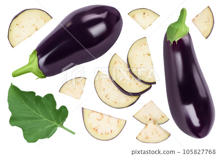 Eggplant or aubergine isolated on white background with  full depth of field. Top view. Flat lay. 105827768