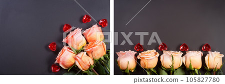 five beige rose with candles in the shape of heart on a dark wooden background with copy space for your text 105827780