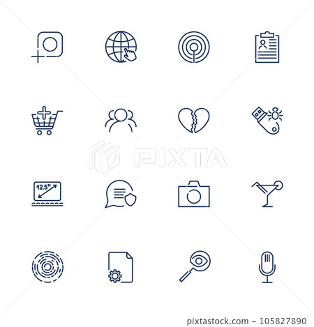 Simple different UI icons for app, sites, programs. Set with line icons. Photo, camera, microphone, laptop, flash drive, market and other. Editable stroke 105827890
