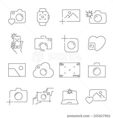 Camera and Photography icons Set. Outline Vector icons. Editable Stroke. Camera and Photography icons Set. Outline Vector icons. Editable Stroke. 105827902