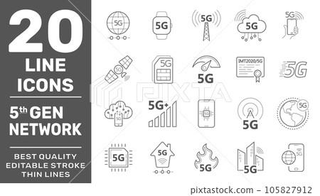 5G internet line icons set. Internet mobile safety wireless 5g signal telecommunication new technology vector symbols. Editable Stroke 105827912