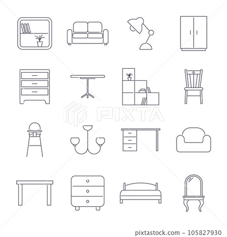 Collection of home furniture icons in thin line style. Editable Stroke. 105827930