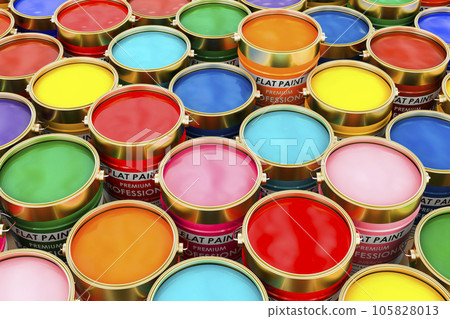 Paint cans closeup background, top view. 3D rendering Paint cans closeup background, top view. 3D rendering 105828013