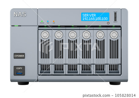 NAS with six disks, front view. 3D rendering NAS with six disks, front view. 3D rendering 105828014