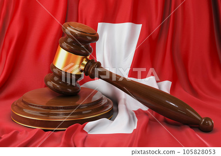 Swiss law and justice concept. Wooden gavel on flag of Switzerland, 3D rendering Swiss law and justice concept. Wooden gavel on flag of Switzerland, 3D rendering 105828053