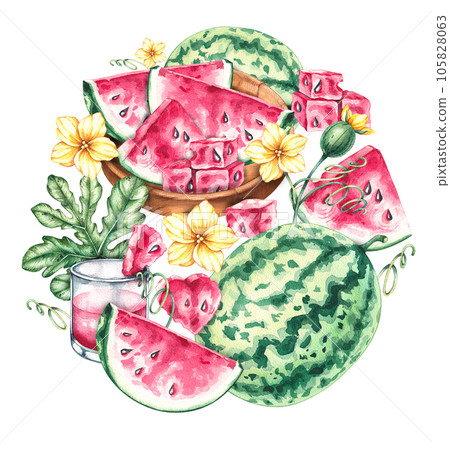 Watercolor hand drawn watermelon round background Watercolor hand drawn watermelon round background 105828063