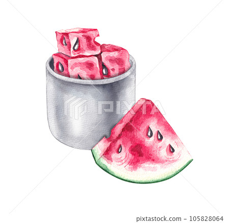 Watercolor hand drawn bowl filled with watermelon cubes and a slice of watermelon Watercolor hand drawn bowl filled with watermelon cubes and a slice of watermelon 105828064