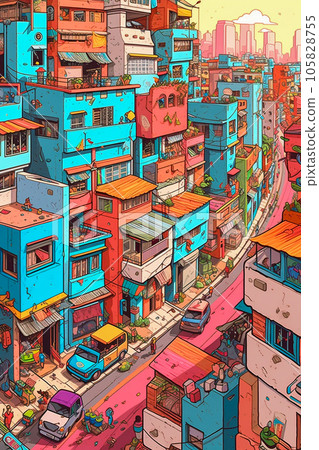 Illustration of a colorful neighborhood in Caracas. 105828755